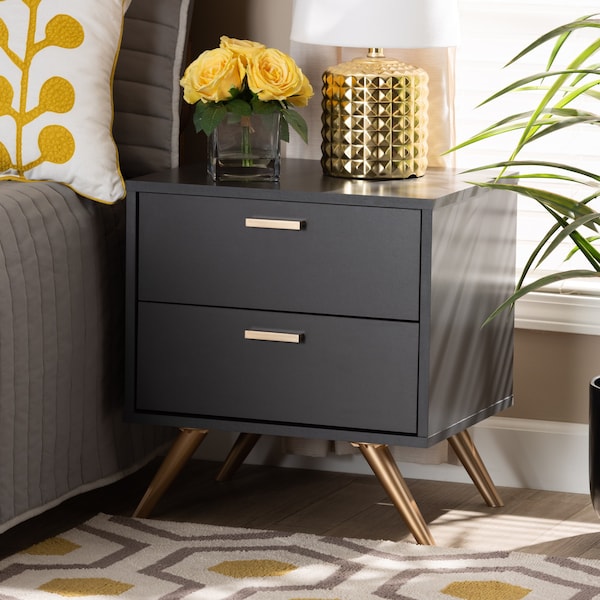 Baxton Studio Kelson Modern and Contemporary Dark Grey and Gold Finished Wood 2-Drawer Nightstand 189-11578-ZORO - main